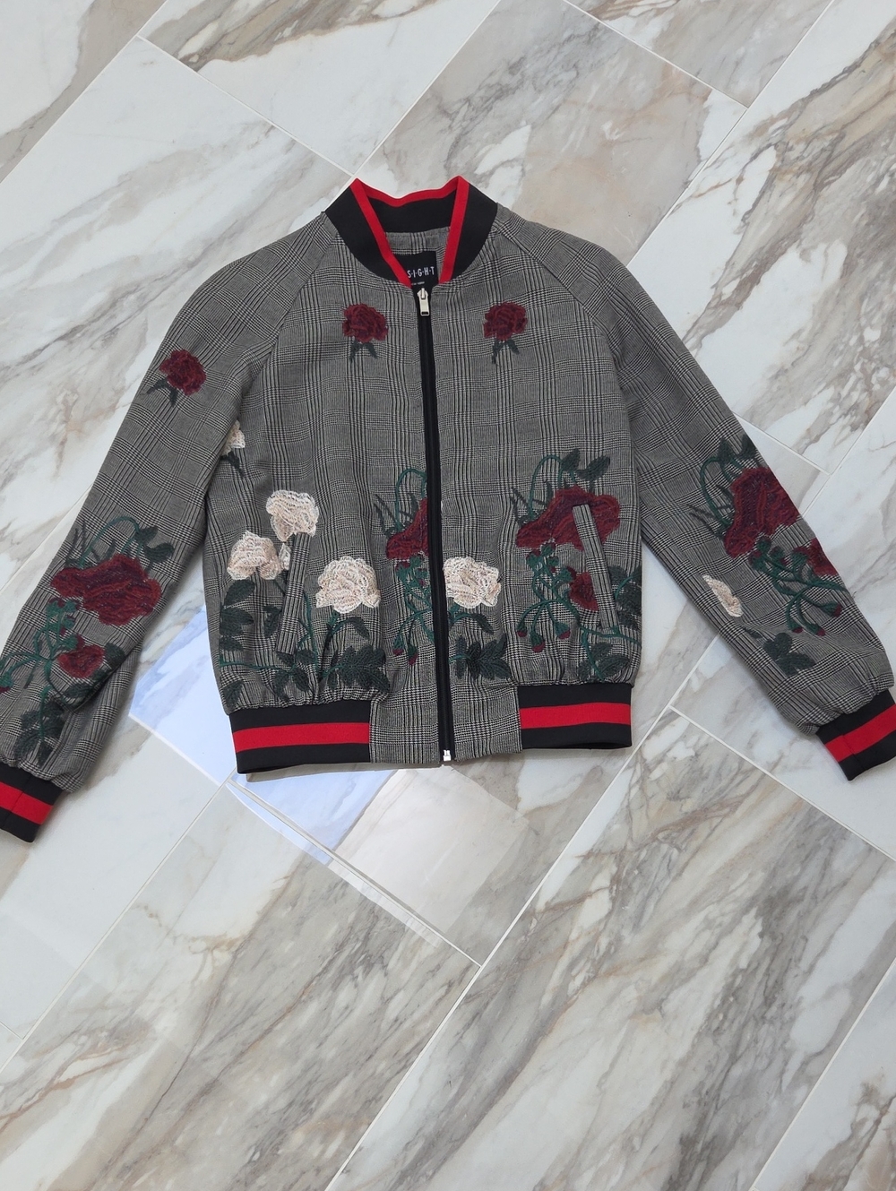 Insight Floral Embroidered Bomber Jacket in Gray, Red & Cream